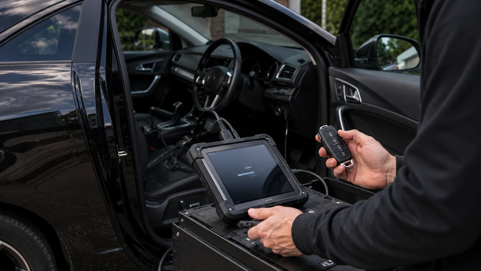 Mobile auto locksmith programming a car key using advanced diagnostic equipment beside a modern vehicle.