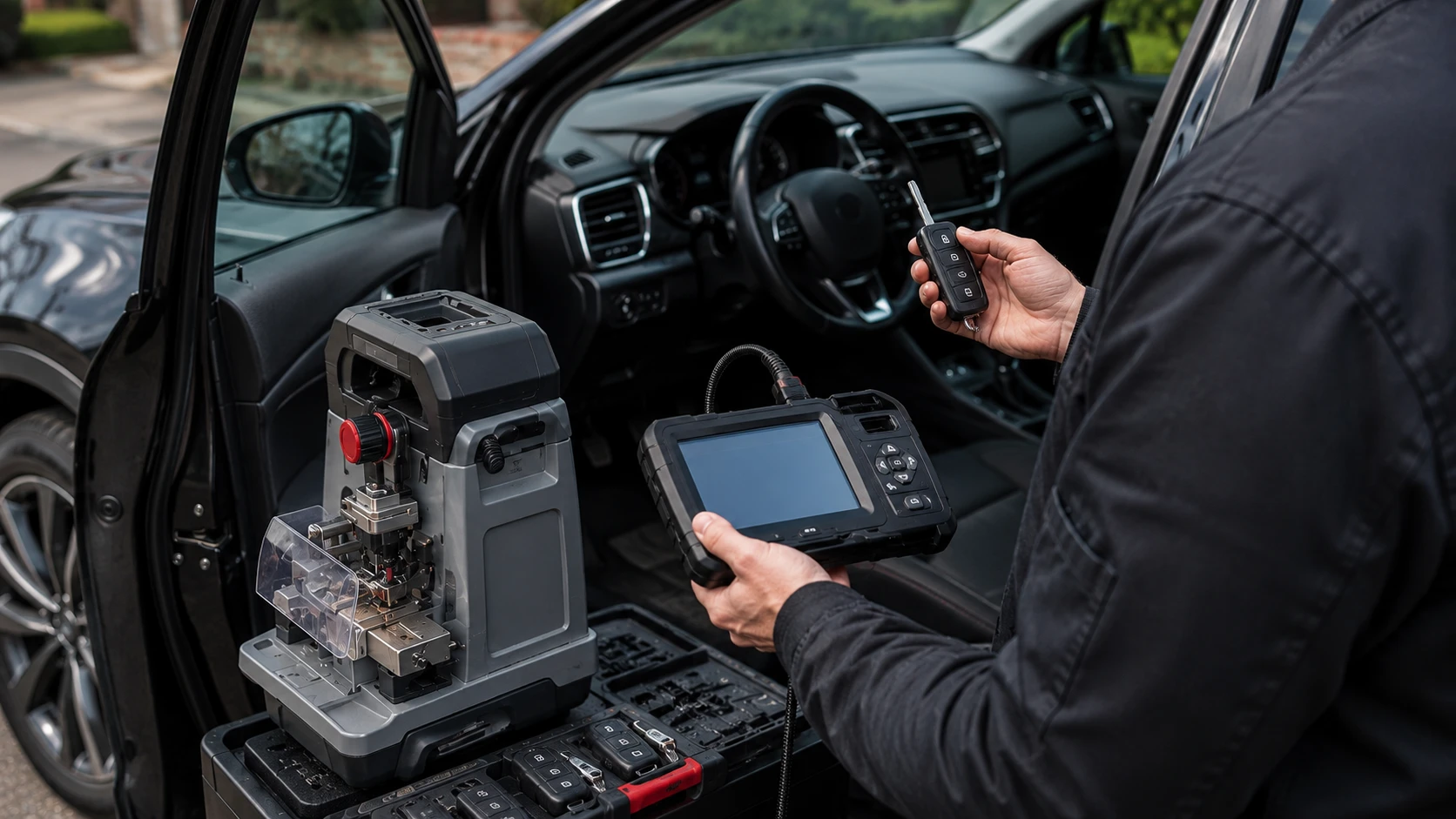 Mobile auto locksmith replacing and programming a new car key beside a modern vehicle using professional diagnostic equipment.