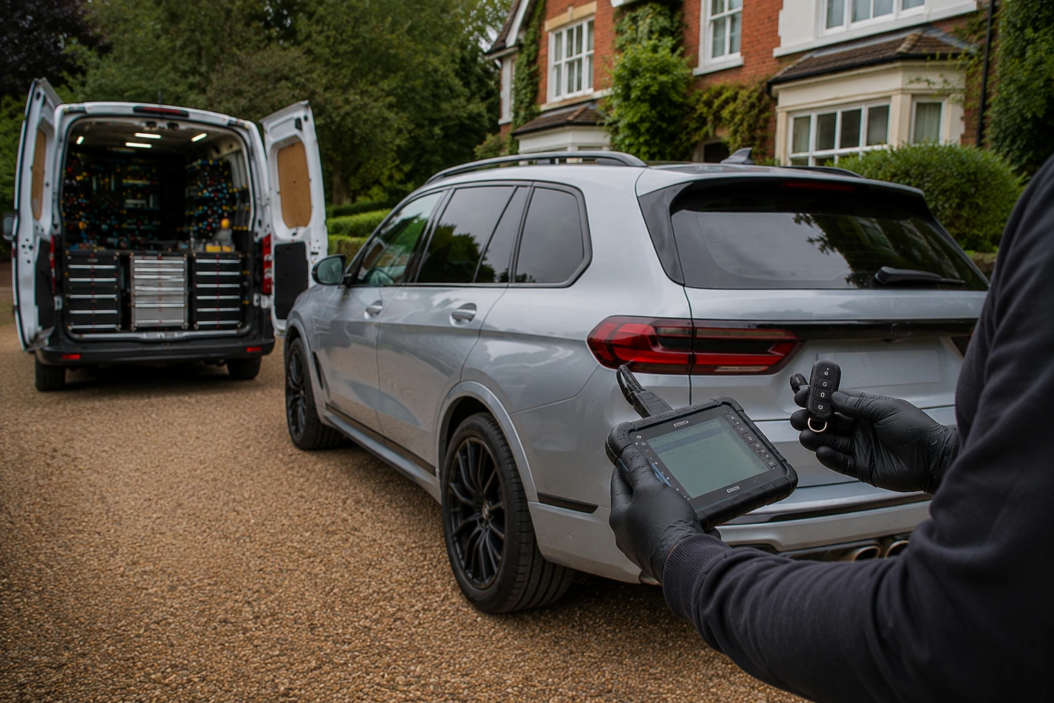Professional mobile auto locksmith programming a replacement car key beside a modern vehicle in Harpenden.