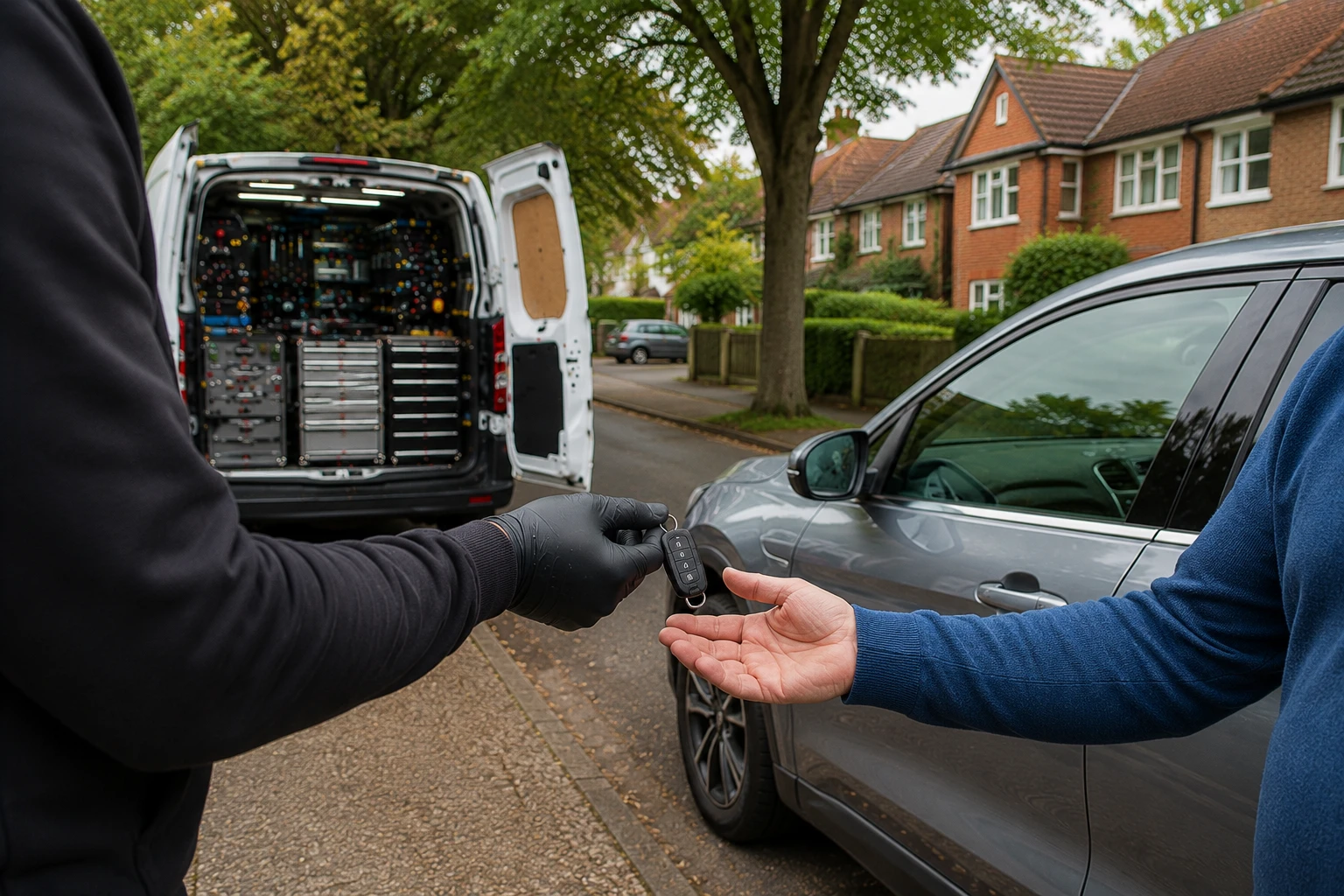 Professional mobile auto locksmith assisting a customer beside a modern vehicle in Welwyn Garden City using specialist auto locksmith equipment.